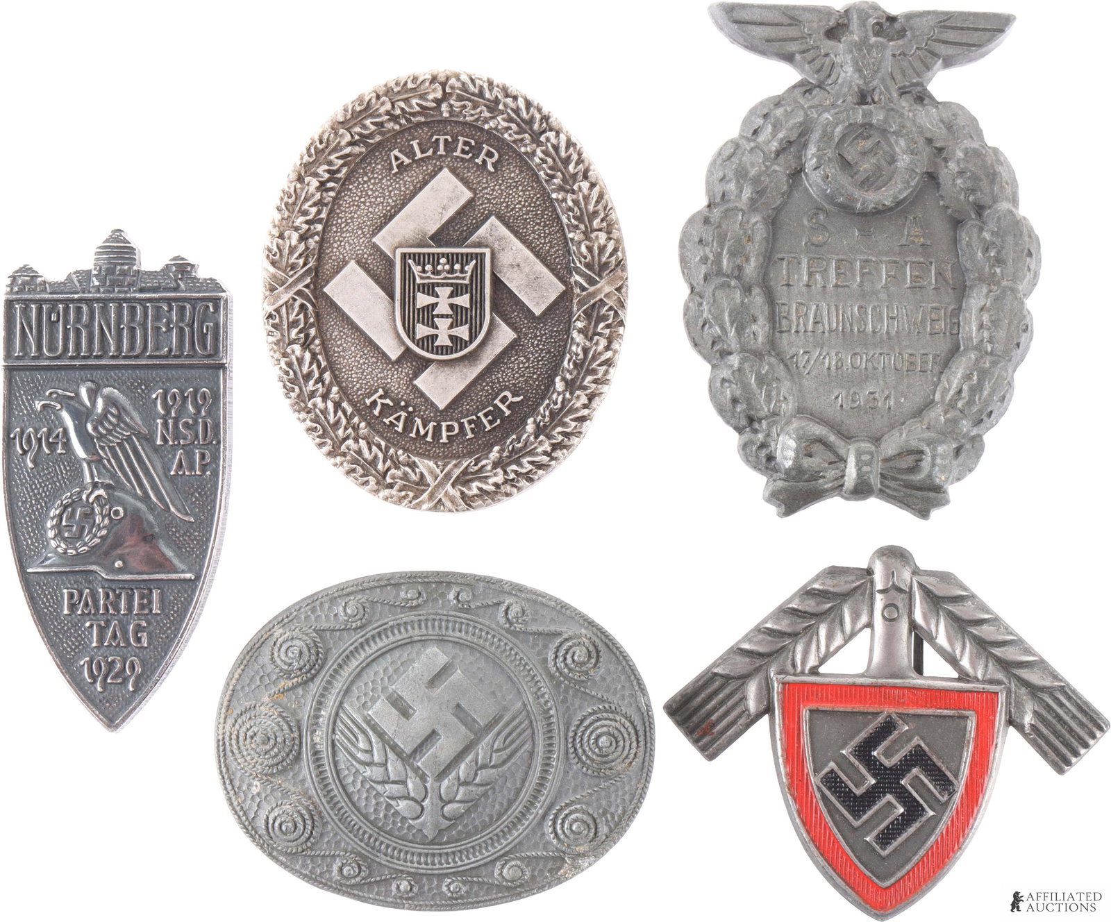 WWII German Party Badge Lot of 5 RAD Nurnberg: Lot includes NSDAP 1929 Partei Tag badge marked 'F. hoffstatter', Alter Kampfer GAU badge marked '30, RAD cap badge marked with 'B&N' and '44', SA Treffer Braunschweig badge marked 'RZM M1/178', and R