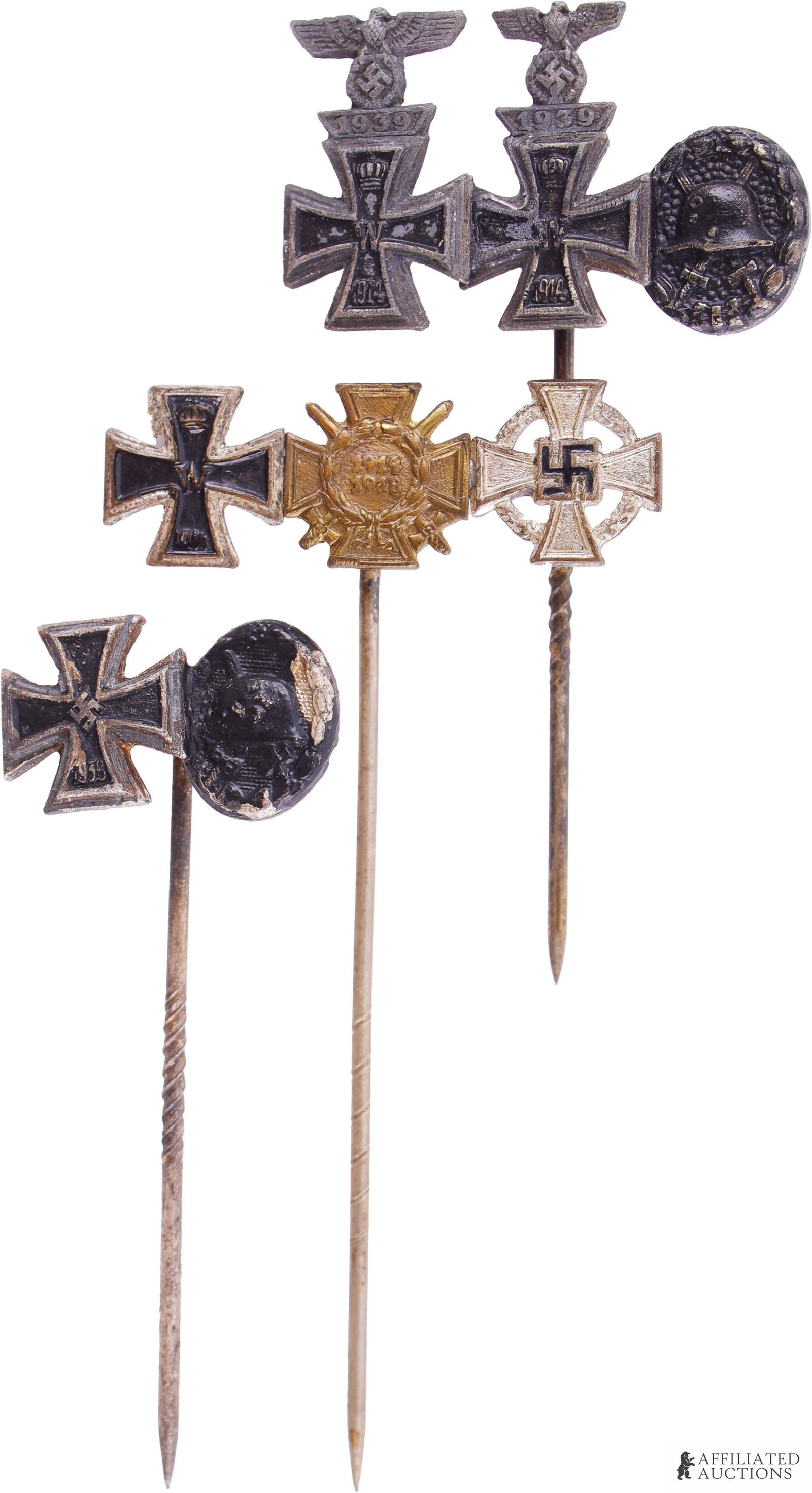 WWII German Miniature Veterans Stickpins: Lot of three (3) miniature veterans stickpins containing one (1) stickpin with Iron cross first cross, iron cross 2nd class, and wound badge, one (1) stickpin with Iron Cross and wound badge, and one 