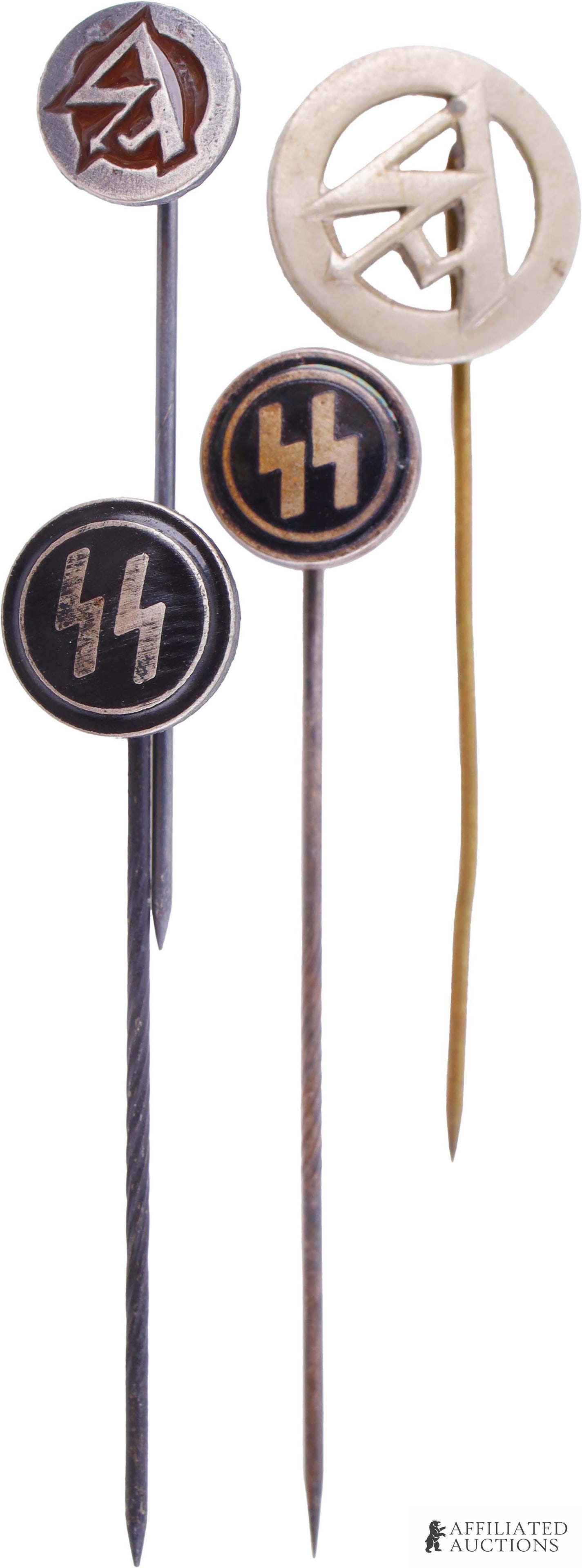 WWII German Paramilitary Stickpins: Four (4) German Paramilitary lapel stickpins worn on civilian clothing by members of the SS and SA. Lot contains two (2) SS civilian lapel stickpins and two (2) SA monogram membership stickpins. measu
