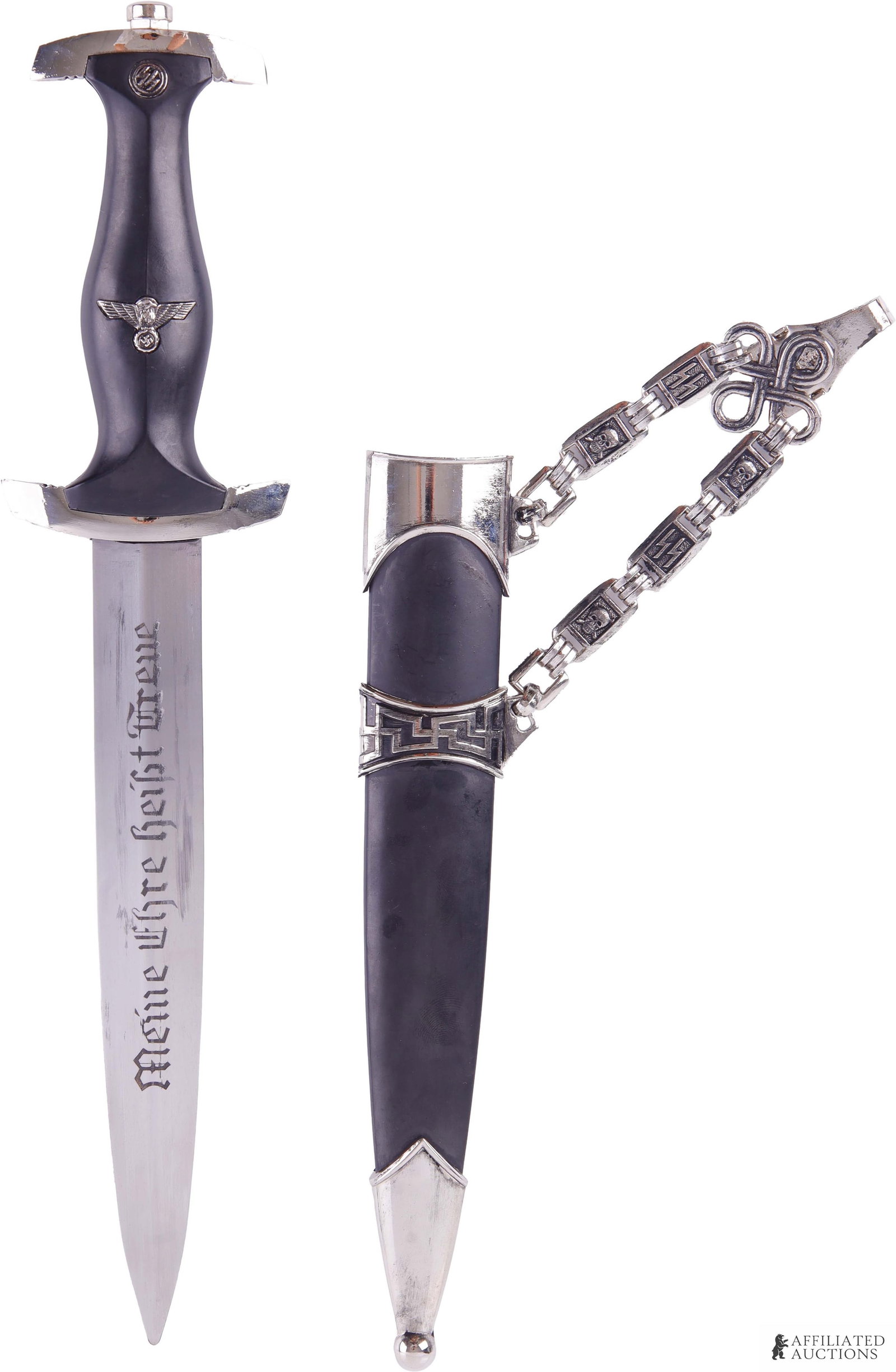 Chained M36 SS Officer's Dagger WWII Third Reich: A WWII SS Officer's M36 chained dagger and scabbard. Chain links feature alternating pattern of Totenkopf skulls and runic SS symbols. Measures 13 3/4 inches overall (approximately 15 inches with scab