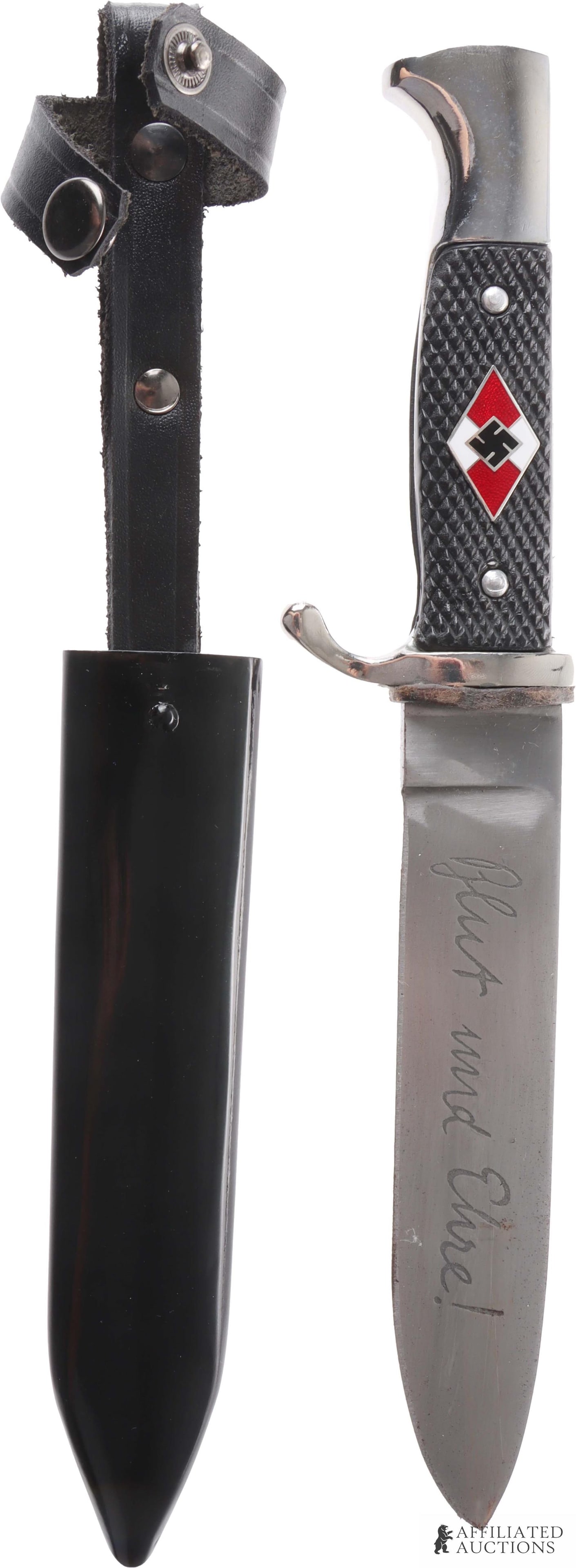 Hitlerjugend Knife From Wingen WWII German: A knife for the Hitlerjugend of the German Third Reich, with scabbard. Diamond-encased red and white swastika on grip. Bears 'Blut und Ehre!' inscription. Stamped Wingen. Total length is approximately