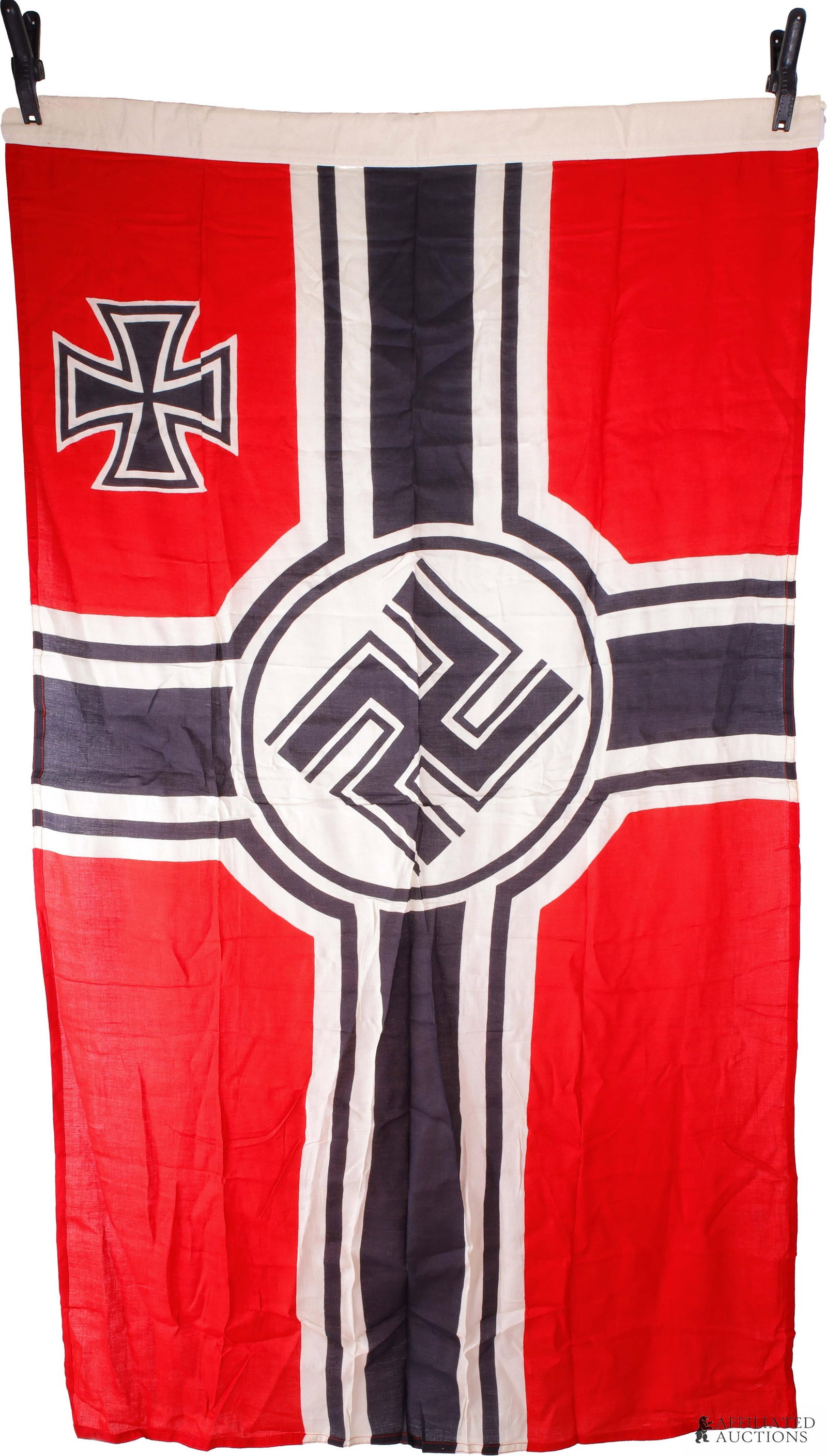 Reichskriegflagge Flag WWII German Third Reich: A Reichskriegflagge (war flag) of the German Third Reich. Bears a double-barred swastika with an Iron Cross. Possesses following ink stamps: Plutzar & Brull KG, Bletz O/S'; A Reichsadler over an M; an