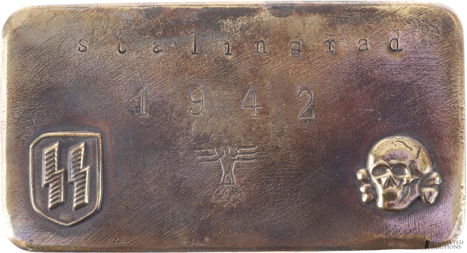 Waffen-SS Pervitin Tin WWII German Third Reich: A pervitin tin for the Waffen-SS of the German Third Reich. Tin has Siegrunes and totenkopfs on cover, RZM and Waffenamt stamp on bottom. Dated on top to Stalingrad, 1942. 3.25x1x1.75 inches.
