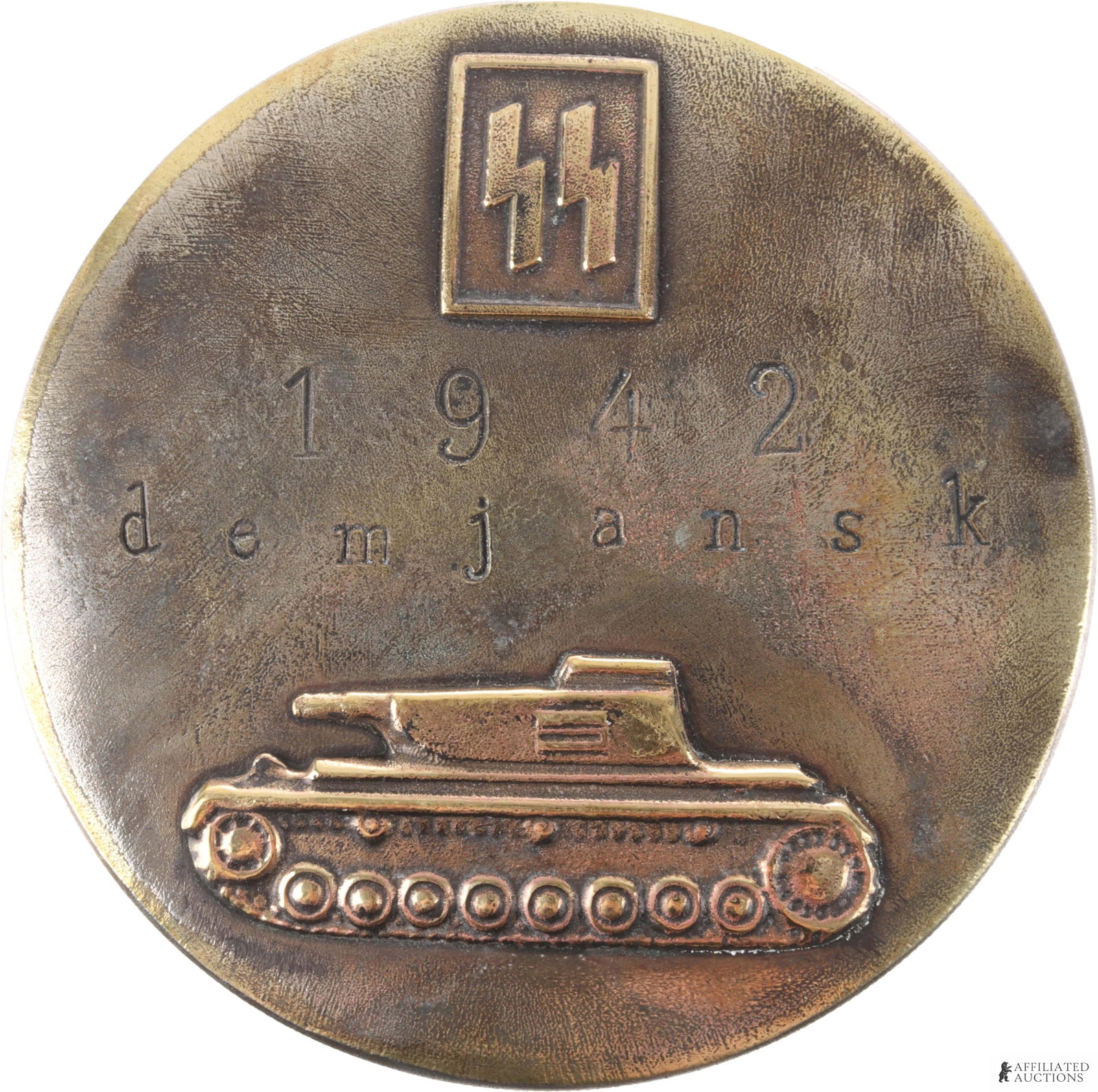 Waffen-SS Pervitin Tin WWII German Third Reich: A pervitin tin for the Waffen-SS of the German Third Reich. Tin has Siegrunes and panzer on cover, RZM and Waffenamt stamp on bottom. Dated on top to Demjansk, 1942. 3.25x1x1.75 inches.