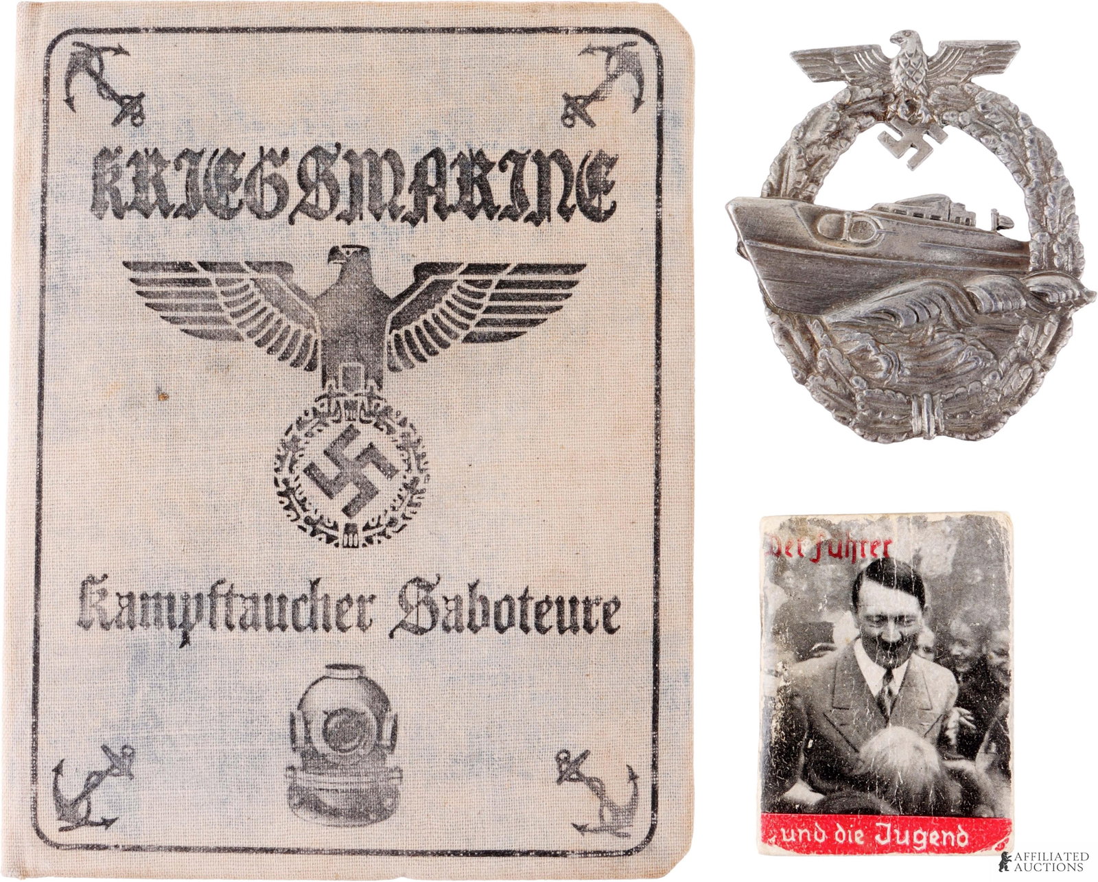 Kriegsmarine Booklets & Badge Lot of 3 Third Reich: A lot containing three pieces of WWII militaria, including 1) a Kampftaucher Saboteure ID booklet, 2) a miniature 'Der Fuehrer und die jugend' photo booklet, and 3) an E-boat badge marked on the rever