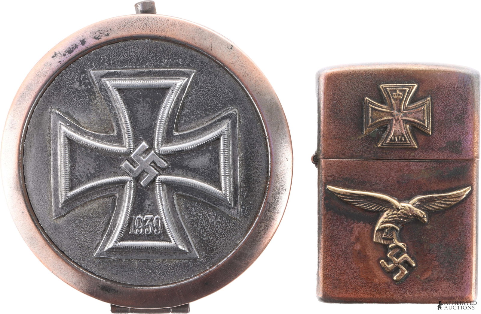 Compact Mirror & Lighter WWII German Third Reich: A set of two (2) items bearing the imagery of the Third Reich. 1) A compact with an Iron Cross. The compact does not fully latch. 2) A Zippo style lighter with a Luftwaffe eagle and an Iron Cross.