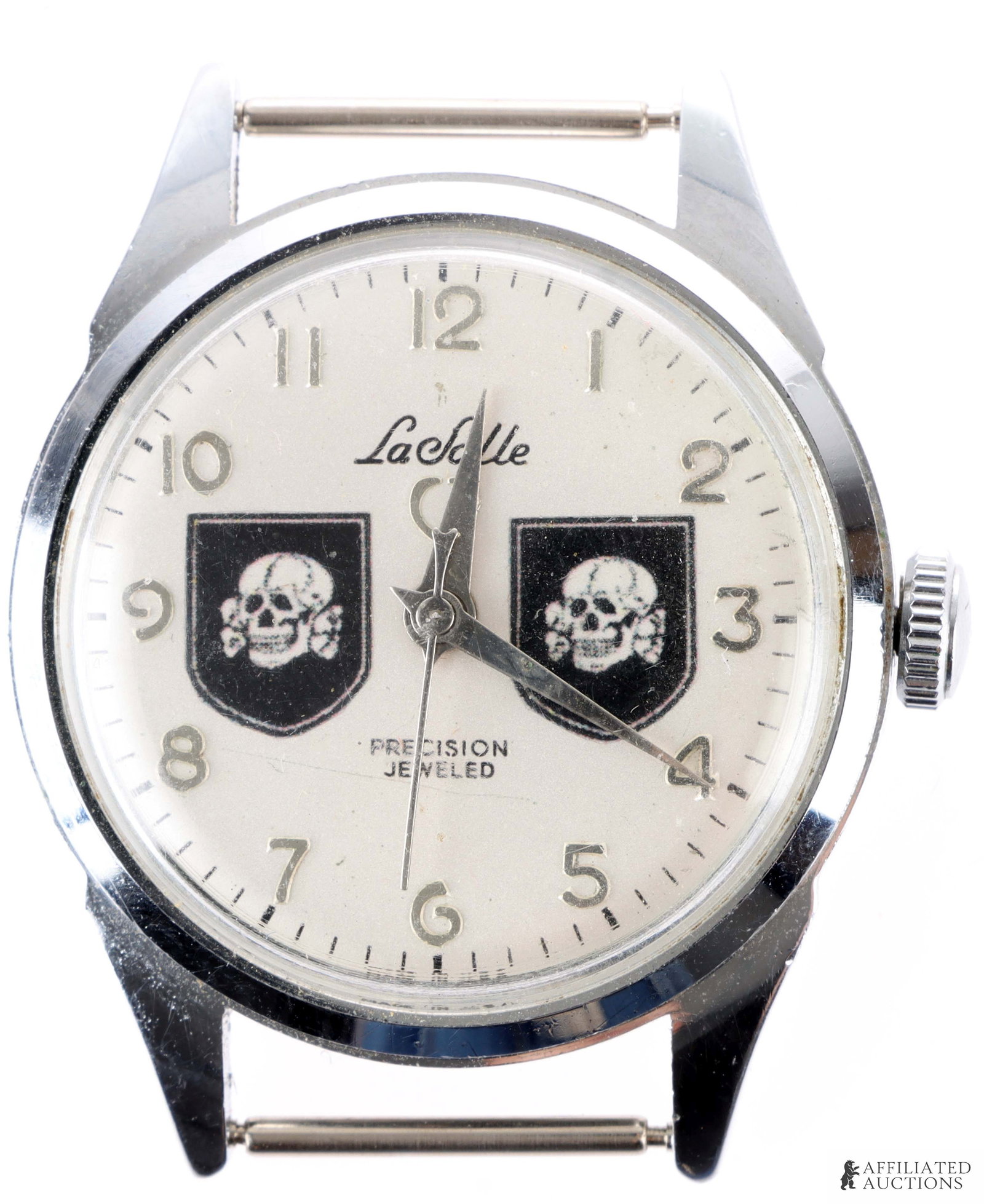 Waffen-SS Totenkopf Wrist Watch Head WWII German: The head of a wrist watch bearing the Totenkopf of the Waffen-SS of the German Third Reich. 30mm.