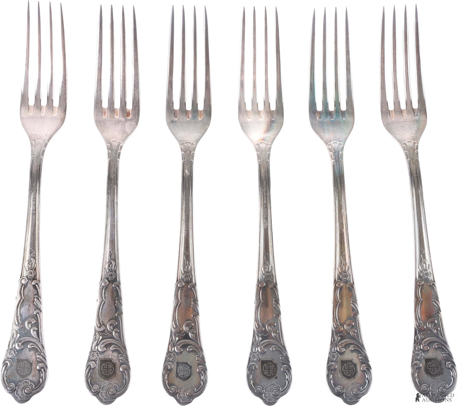 Waffen-SS Wiking Forks Lot of 6 WWII German Reich: A set of six (6) forks with Waffen-SS Wiking engraving on handle. Silver plate.