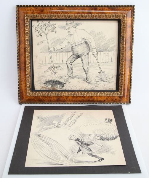 L.W. FORD POLITICAL CARTOONIST ORIGINALS 1890S: Lorenzo Warner Ford (American Illustrator, 1866-?) two original political cartoon drawings. 1) a criticism of President McKinley's late-1890s Philippine Policy mentioning the names of Elihu and Alger;