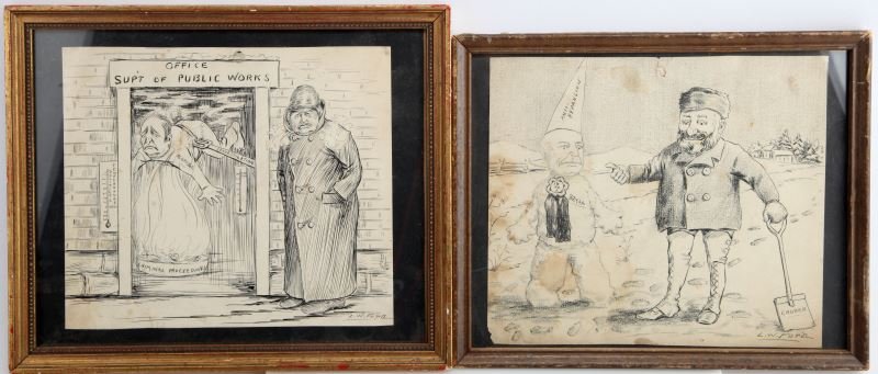 L.W. FORD POLITICAL CARTOONIST ORIGINALS 1890'S: Lorenzo Warner Ford (American Illustrator, 1866-?) two original political cartoon drawings. 1) 1898 criticizing the canal scandal of New York Superintendent of Public Works George W. Aldridge; 8 by 10