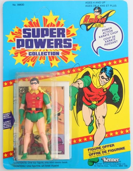 1984 DC SUPER POWERS ROBIN THE TEEN WONDER: 1984 Kenner Super Powers Robin the Teen Wonder. Power action karate chop action figure. Includes comic book. Never been open un-punched new old stock.