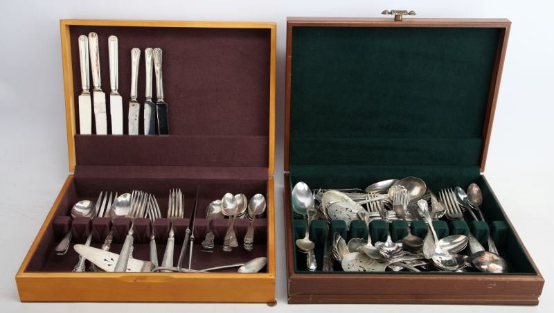 2 MIXED SILVERWARE SETS DECO AND NOUVEAU BOXED: Silverware grouping includes two boxed groupings including silverware by numerous makers including "Victor S CO", "Simpson And George H Rogers", and more. Overall in good condition.