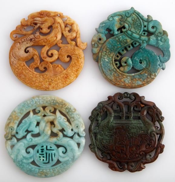 CHINESE CARVED SOAPSTONE & TURQUOISE PLAQUES: Four finely carved bi-type plaques. Two appear to be of carved, marbled Chinese turquoise ranging from pale mint color to teal to aqua with veins of ochre and medium brown. The other two are appear so