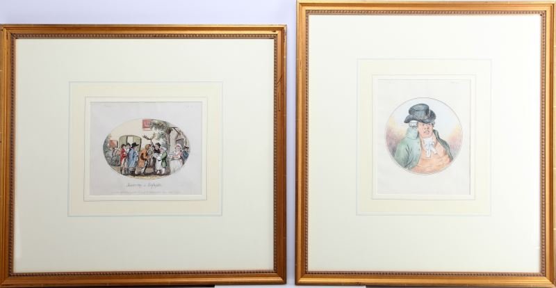 2 HAND-COLORED ETCHINGS FROM EXCENTRIC EXCURSIONS: First print is of a fat John Bull in a spotted waistcoat and measures 11 by 13 inches, 20 by 23 framed. Second print is titled "Swearing At High Gate" and measures 9 by 10 inches, 22 by 21 framed. Bot