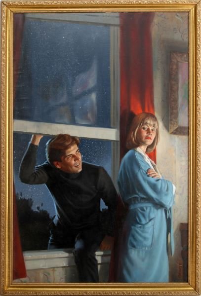 ORIGINAL DANNY CROUSE OIL ON CANVAS PROS AND CONS: 1986 painting by Danny Crouse for Harlequin Enterprises. Used on the cover of the book "Pros And Cons" written by Bethany Campbell. Original art on artist's board measuring 17 3/4" x 27 3/4" in 1 1/4"