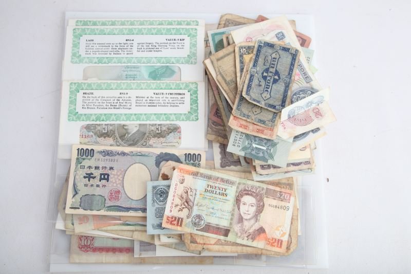 UNSEARCHED WORLD BANKNOTE CURRENCY LOT OVER 65: Big variety of note minimal duplication, Asia, South America, Europe, Central America, Africa, truly unsearched, rare notes have often come from these offerings