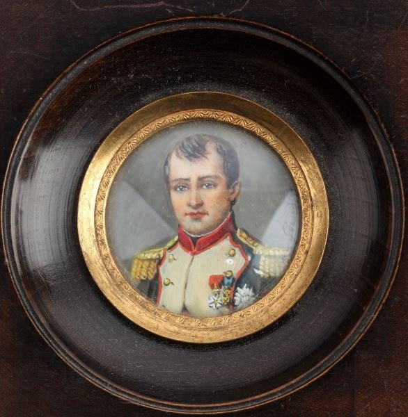 HANDPAINTED NAPOLEON ON IVORY MINIATURE SIGNED: Possibly signed by Gerard Dumont, but without removing portrait it is not discernible, sealed reverse in wood with glass over miniature, measures 4x4 inches, and is very good.