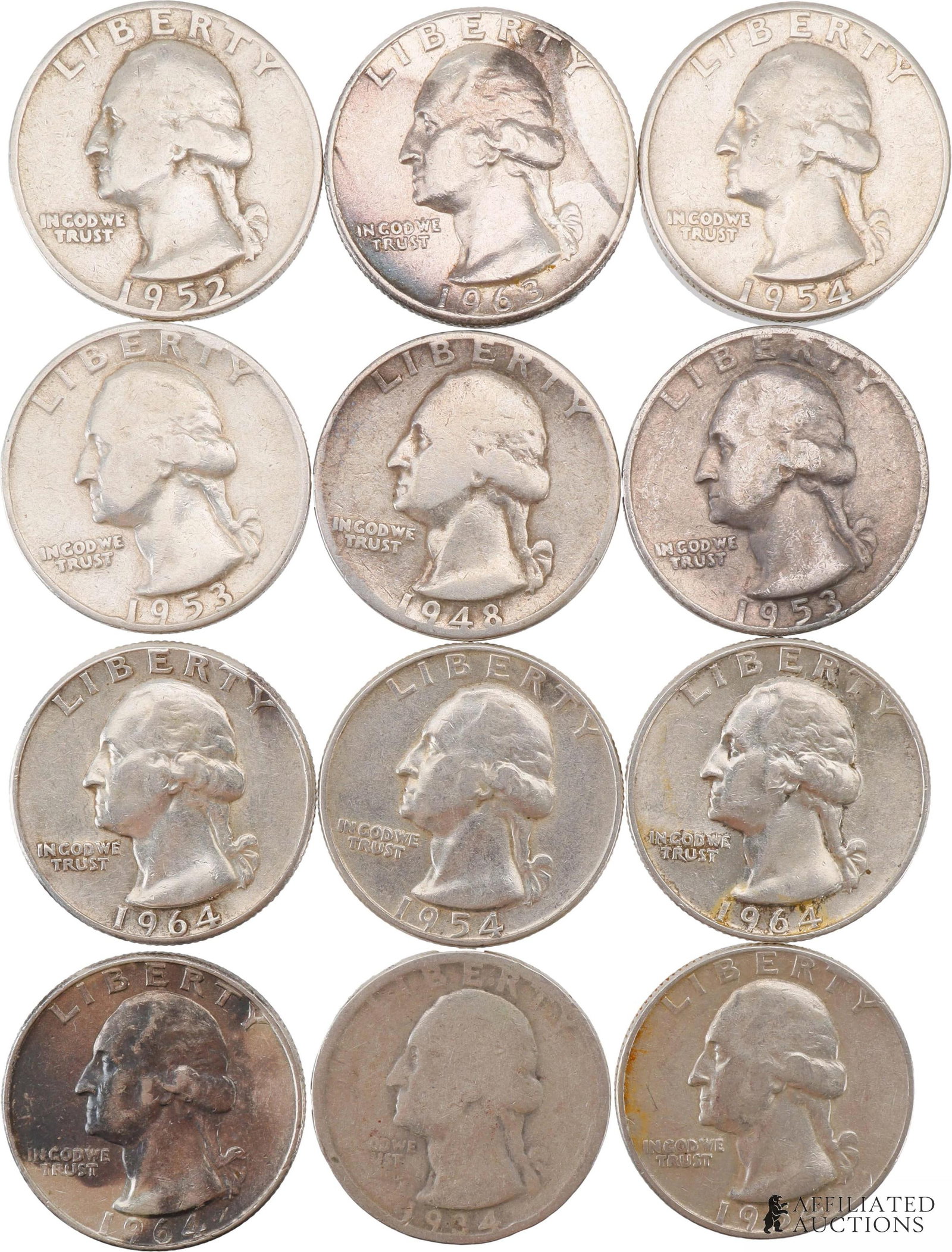 $3 Face Value 90% Silver Quarters Mixed Date: $3 face value 90% silver quarters, pre-1964 mixed date. Shows a side profile of George Washington on the obverse and a federal eagle on the reverse. 12 coins total. Metal: 90% silver Country of Origin
