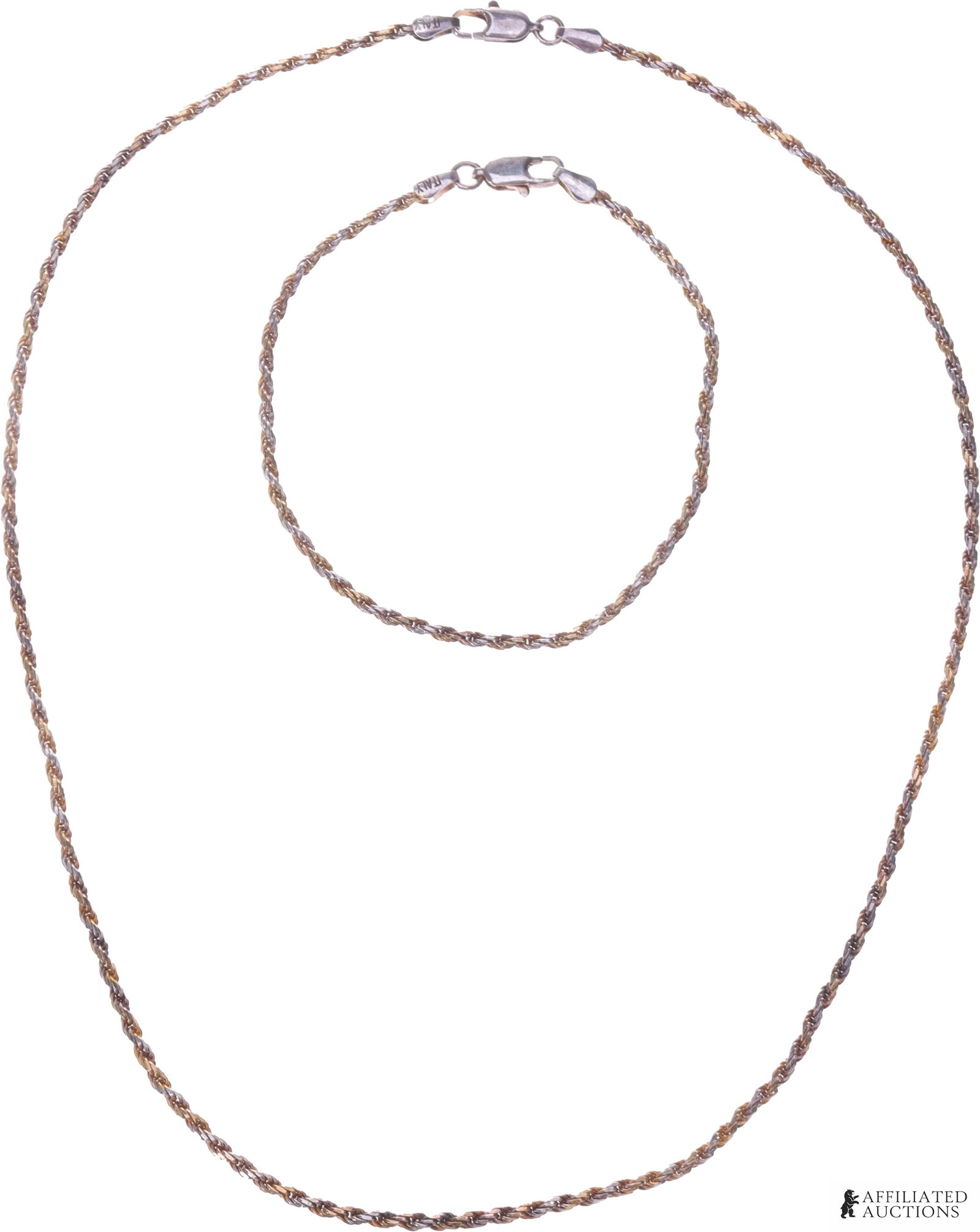 Two-Tone .925 Silver Necklace & Bracelet Set: A two-tone twisted rope chain. Stamped '925' and 'Italy.' Maker's mark is present but illegible. Both items have a lobster clasp. Chain is 18 inches. Bracelet is 7.75 inches.