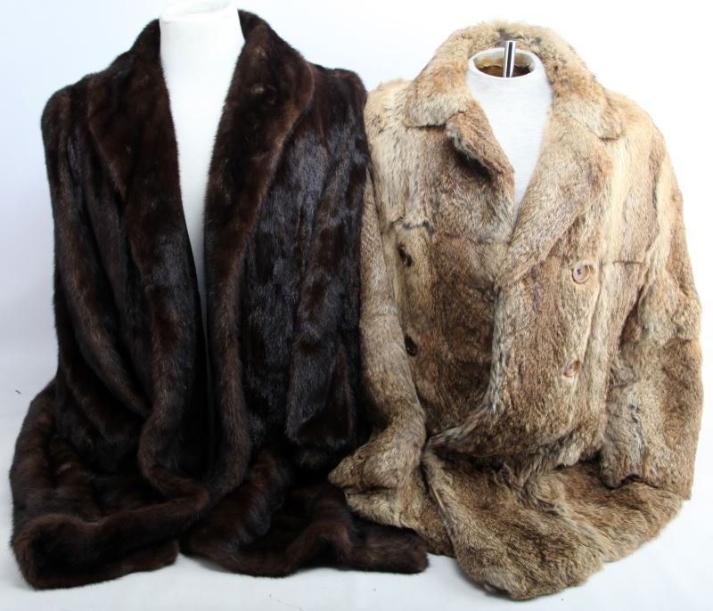 LOT OF TWO CUSTOM MADE LADIES FUR COATS: Two custom made ladies fur coats, fur type not identified and size not indicated. Light brown fur has the initials JWH monogrammed into the lining and the dark brown has M A Hamlett monogrammed into t
