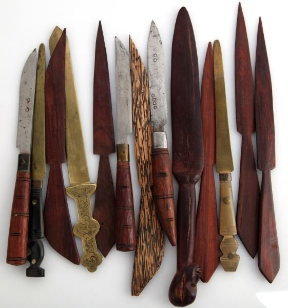 VINTAGE LOT 13 SIERRA LEONE CARVED LETTER OPENERS: Grouping of wood, horn, steal and brass small letter openers and knives. All from a missionary who served in Sierra Leone in the 1920's. very god condition. Longest being 9 inches.