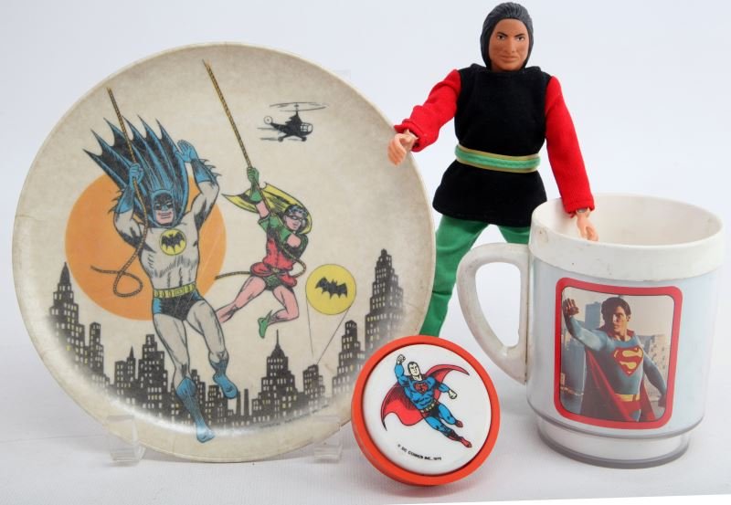 BATMAN SUPERMAN SUPERHERO COLLECTIBLES LOT: Items included are one Superman 1978 Christopher Reeve mug, one Batman and Robin plate, and one tested and working 1976 Superman night light, and one Mego Cochise action figure.