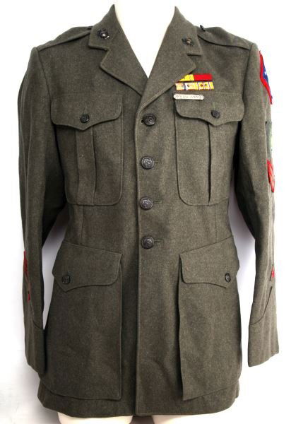 AUSSIE MADE PATCH 1ST DIV CORPMAN MARINE UNIFORM: Red felt border first assault 1st Marine Division, 2nd class Petty Officer Hospital Corpman cloth insignia and striker patch, 12 year service stripes, marksman bar, ribbons, small EGA insignia, with b