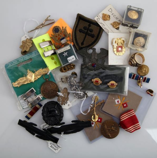 EX-MILITARY DEALER STOCK INSIGNIA PATCHES BADGES: German wound badge, CIB, USMC fleet patch, Army EOD, sweetheart pendant, US Army ring, tie tacks, DUI's , rank insignia, buttons, medals and more.