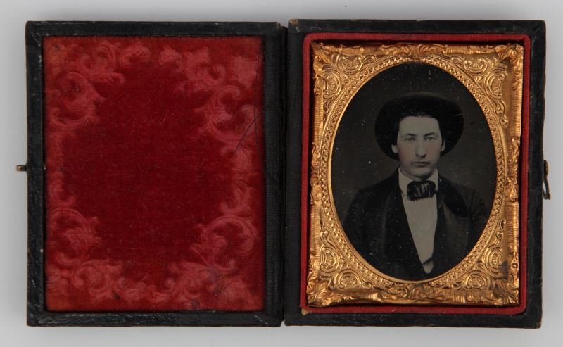 NAMED NINTH PLATE AMBROTYPE OF A BUSINESS MAN: Behind the Ambrotype on the case there is a name what looks to say "Harding Bailey". Underneath the name there is a poem looks to mention "a working life and what shall it be". Overall in very good co