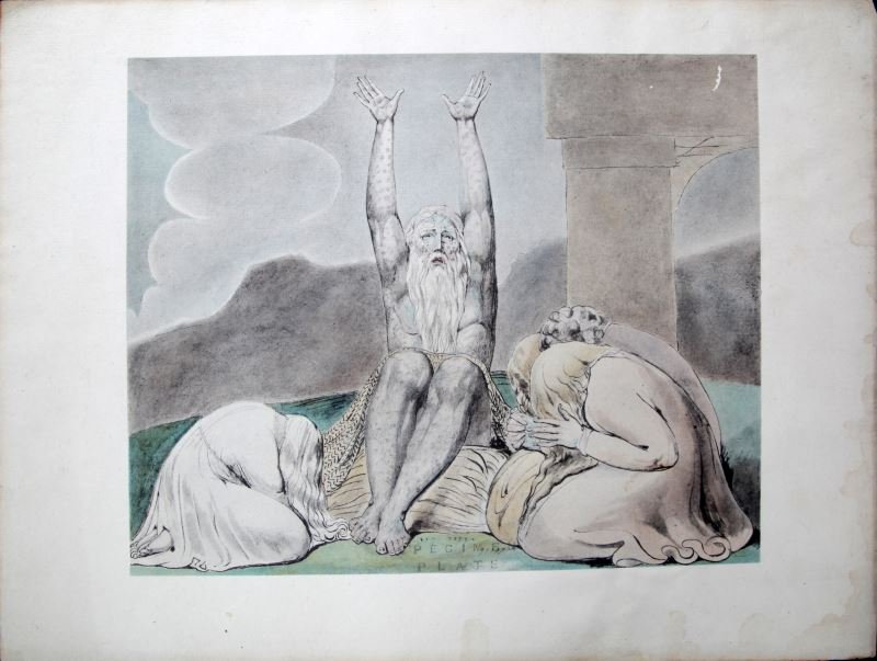 WILLIAM BLAKE SPECIMEN PLATE JOB'S DESPAIR: William Blake (English, 1757-1827) lithograph of Job's Despair (based on Job 3:3) from the watercolor Butts set. Presumed later printing of the original plate stamped "specimen plate". print area meas