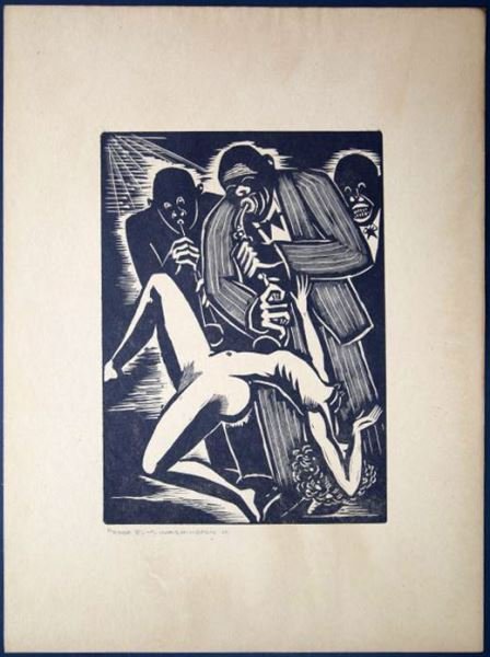 E.M. WASHINGTON TRIO & THE DANCER: Earl Marshawn Washington (American, 1962- ) woodcut “Trio and the Dance” featuring three black Jazz musicians playing ominously over a white nude dancer; from the discovery hoax in which he “dis