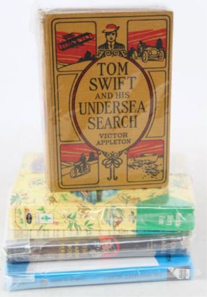 MIXED GROUPING OF VINTAGE FICTION BOOKS: Books included are "The Shattered Helmet" by Franklin W. Dixon, "Huckleberry Finn" by Mark Twain, "The Hardy Boys And The Secret Panel" by Franklin W. Dixon, and "Tom Swift And His Undersea Search" by