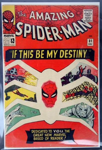 AMAZING SPIDER-MAN #31 "IF THIS BE MY DESTINY": This comic has many first appearances including Gwen Stacy, Harry Osborn, Foxxy Briggs, and Professor Miles Warren. Some damage to the spine does not look to be torn with tight staples. Overall in goo