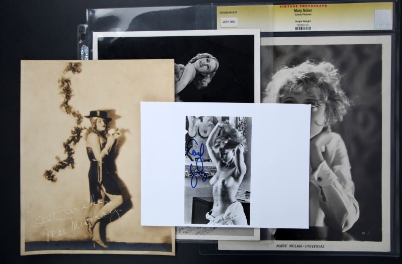 AMERICAN ACTRESS NUDE SIGNED VTG PHOTO LOT OF 4: American actress signed black and white vintage photo lot of 4. Includes: a Mae Murray 8 by 10 inch matte photo (signed in negative "Best wishes Mae Murray"), a topless Carol Lynley 5 by 3 inch glossy