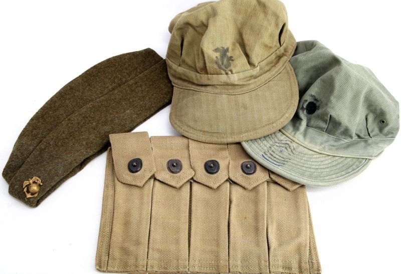 WWI WWII USMC MARINE HBT CAP THOMPSON AMMO CASE: Two Herring bone twill each with EGA and one named with Gunnery Sargent stripes, each small, WWI garrison hat with brass EGA with screw back, hat is very good free of mothing large wearable size 7 1/4