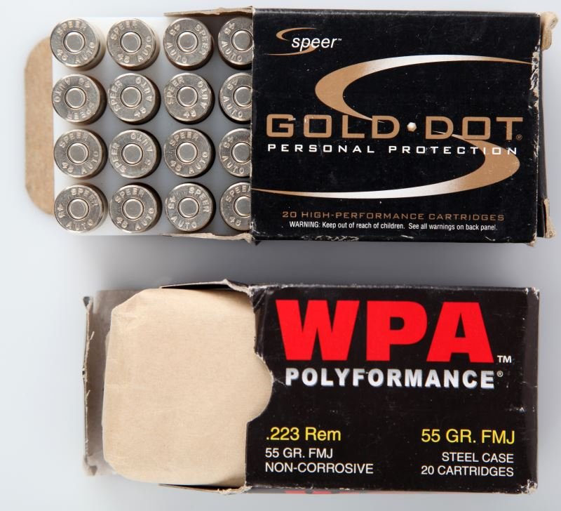 2 BOXES OF AMMUNITION .223 REMINGTON & 45 AUTO: Includes WPA Polyformance .223 box of 20, Speer Gold Dot .45 Auto box of 20.