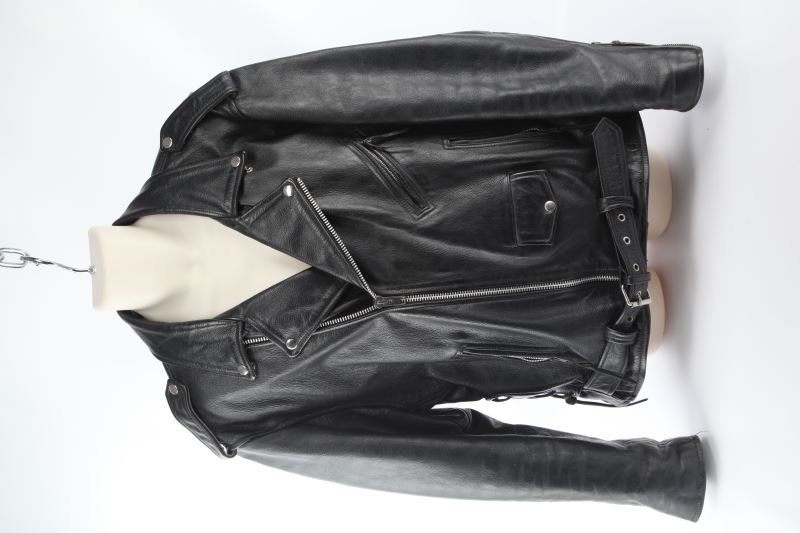 HIGH QUALITY SZ 44 LEATHER MOTORCYCLE JACKET: Very good condition, YKK zippers and snaps intact, fully lined.