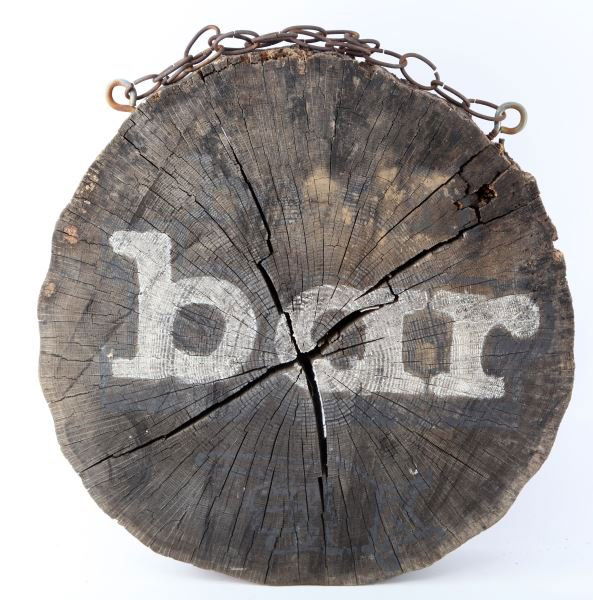 PRIMITIVE ANTIQUE ROUGH CUT LOG 17" BAR SIGN: Found along the Tennessee River unknown origin, tree log bar sign, somewhat frail with age.