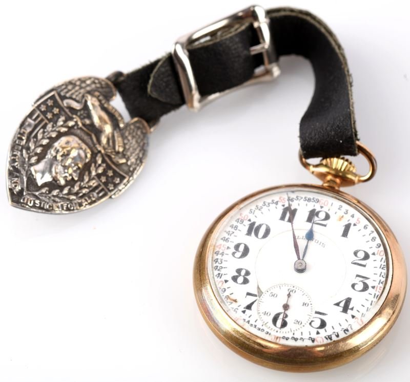 VINTAGE ILLINOIS "BUNN" POCKET WATCH & LINCOLN FOB: Twenty year gold-filled case manufactured by Philadelphia Watch Case Company, number 926484. Movement is 19 jewel, double roller Bunn Special, movement number 3894346, dating piece to 1921. Watch runs