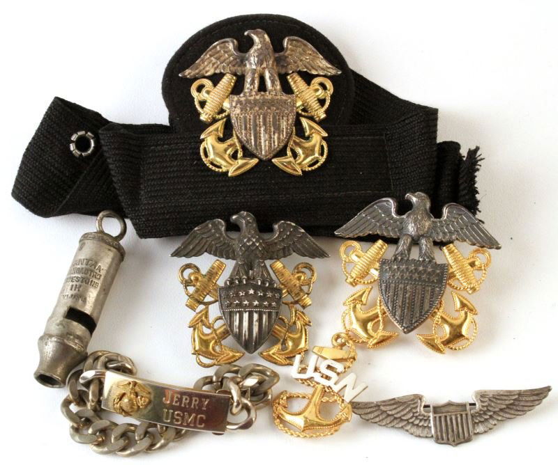 WWII US NAVY USMC STERLING AVIATOR BADGE LOT: Includes three officer cap badges one Balfour, the other Amcraft, the third unmarked, CPO badge Vanguard post war, USMC ID bracelet, a pair of sterling aviator wings, these are spurious, lastly a WWI
