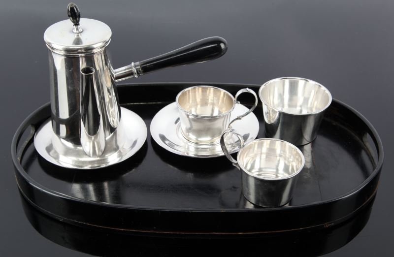 ANTIQUE STERLING SILVER CHILDREN'S CHOCOLATE SET: Antique children's sterling silver 6 piece chocolate serving set , Circa 1930's. Marked by Woodside Sterling Co. Features Lighthouse style pot and ebonized wood tray. Some light scratches, minor denti