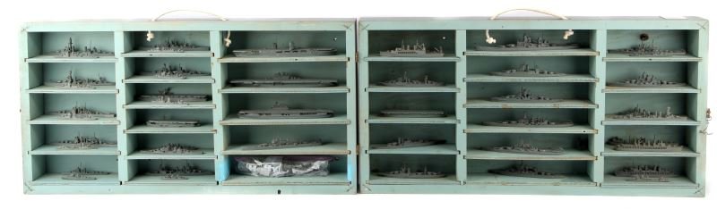 WWII USN SOUTH SALEM MINIATURE ID MODEL SHIP BOX: Rare 1944 WWII USN South Salem miniature ID model ship box. Incomplete but large set, 46 of the 47 are present. Latch missing, replacement broken. Excellent condition otherwise. Three spare ships incl