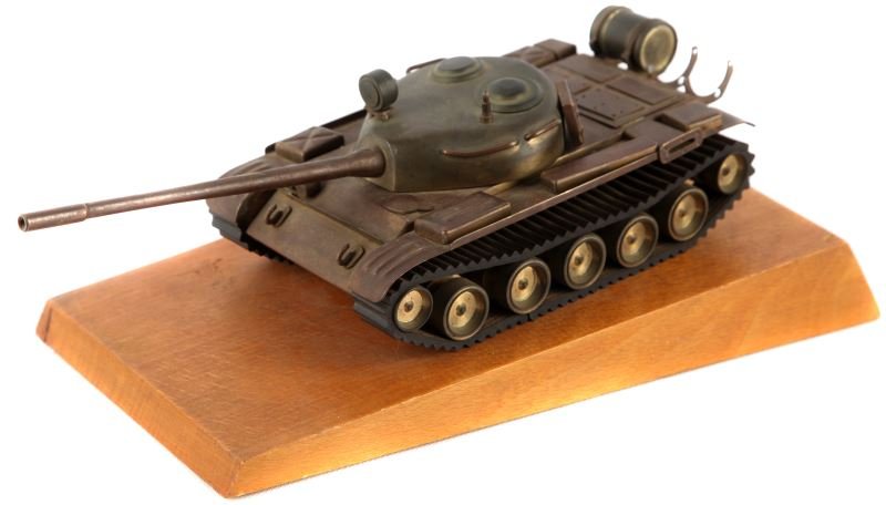 WWII SOVIET TANK TRENCH ART PRESENTATION TO GERMAN: Well crafted Soviet tank appreciation trophy. Plaque reads in German "In Verbundenheit von den Armeeangehorigrn des Pr Julian Marchlewski, Minus a fuel canister otherwise good.