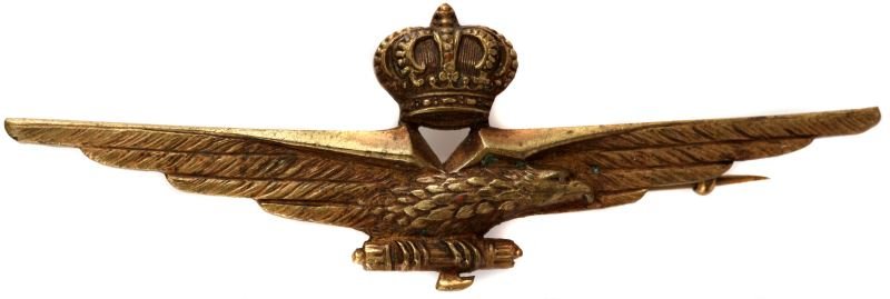 ITALY FASCIST REGIA AERONAUTICA WWII PILOT WINGS: Pin laying 60 degrees, back marked, " Brev. V. Ferrara Conc. Esclus F.D. Angelo Giordano Via Calibritto 18 Napoli, eagle head right clutching Fascia.