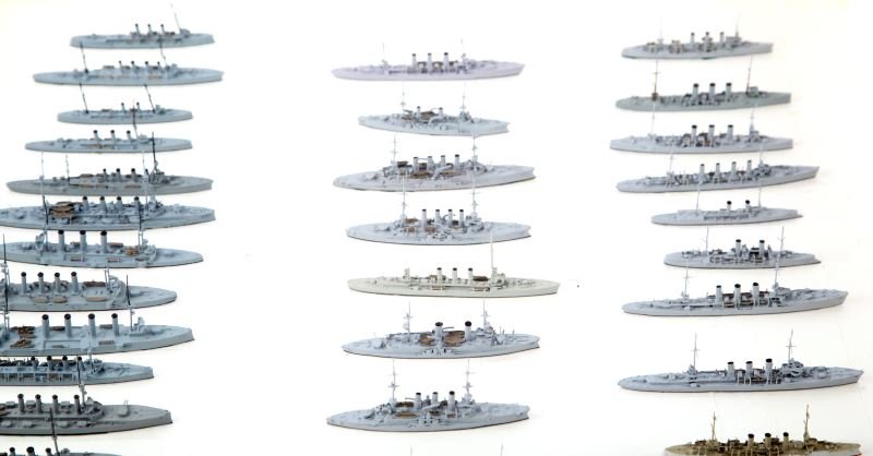51 WATER LINE SHIP ID MODELS WWI BRITISH & GERMAN: 51 waterline ship ID models of WWI British and German warships, consisting of armored cruisers, battle cruisers, and light cruisers. British Ships, all prefixed HMS: Amphion, Arethusa, Argyil, Black P