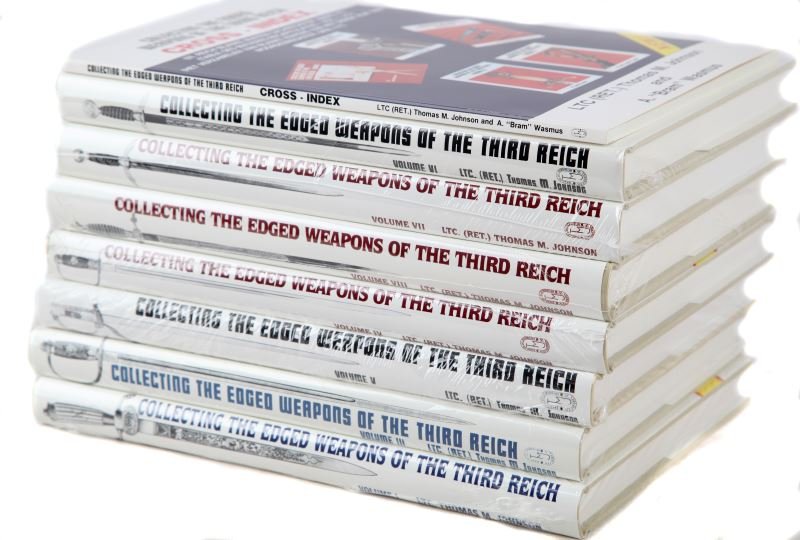 JOHNSON REFERENCE BOOKS EDGED WEAPONS: Collecting Edged Weapons of the Third Reich, volumes I, III, IV, V, VI, VII, VIII, by LTC (Ret.) Thomas M. Johnson. Includes cross index. All are new in wrappers.