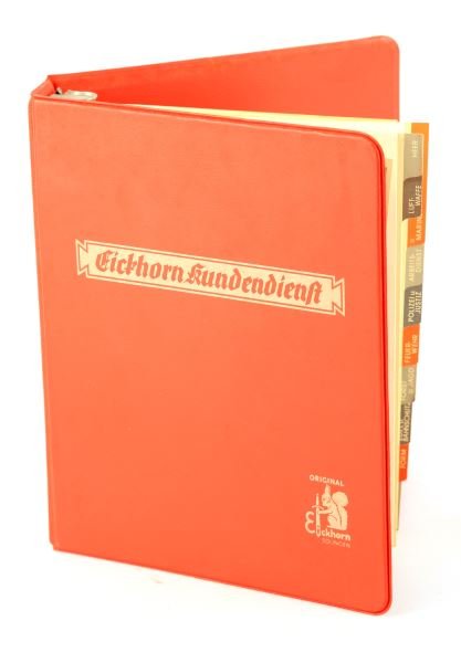 WWII EICKHORN KUNDENDIENST FACTORY SALES CATALOG: Eickhorn "Kundendienst" sales catalog of Eickhorn line of edged weapons published in the late 1930s. Orange binder is stamped on front "Eickhorn Kundendienst" in gold. Complete with index, blade etchi