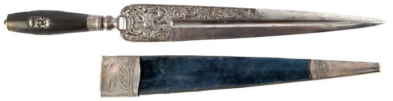 18TH C ITALIAN / SARDINIAN FINELY-CRAFTED POIGNARD: Finely crafted 18th century poignard dagger. Style and shape are consistent with styles carried amongst aristocracy in the Mediterranean region of Sardinia and southern Italy. Central fullered spear p