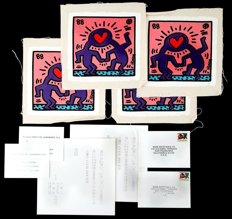 KEITH HARING HEART 88 SILKSCREEN INVITATIONS: Keith Haring (American, 1958-1990) set of four silkscreen on canvas wedding invitations featuring Haring's untitled 1988 design with two figures sharing a head with heart on pink field. Invitations me