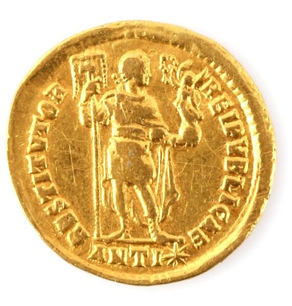 VALENTINIAN I GOLD ROMAN SOLIDUS 364-375 AD COIN: Van Meter O/L 1 , reverse Restitutor Republicae, Valentinian standing head right holding Labarum and Victory, Antioch Mint, F coin with scratchy fields, weight 4.4 grams.